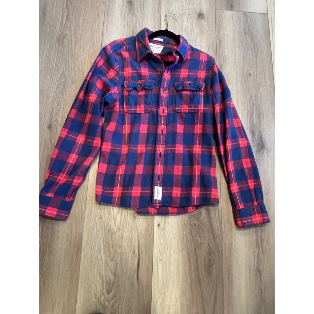 Abercrombie & Fitch Muscle Fit Flannel Shirt Men's Medium Red Blue Plaid Cotton